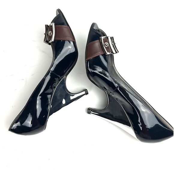 Karen Millen Dark Blue Patent  Mirror Silver Open Toe Heels / Wedge US 6 - Picture 5 of 16